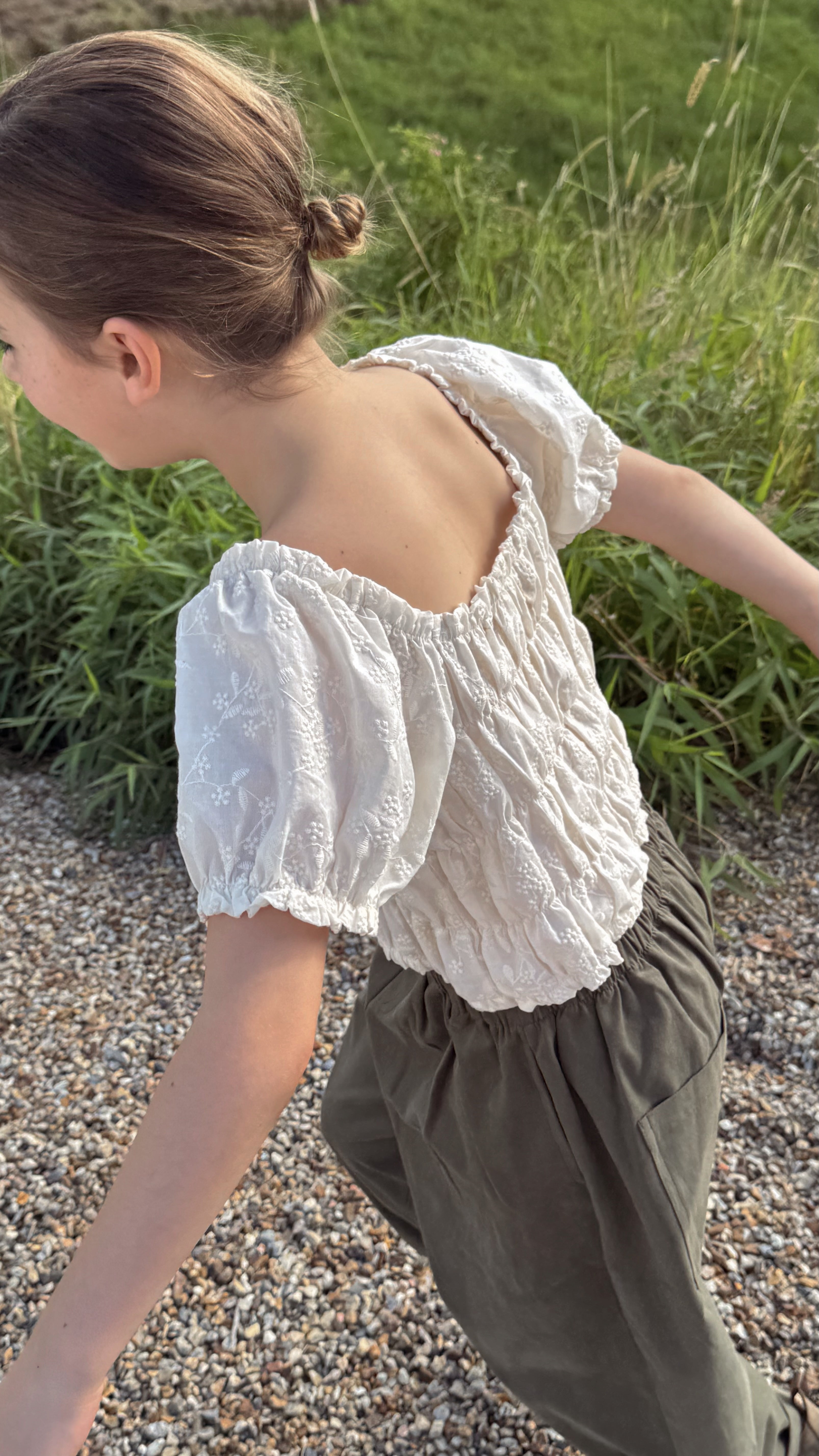 The Ottilie Smocked Crop – Embroidered Cream