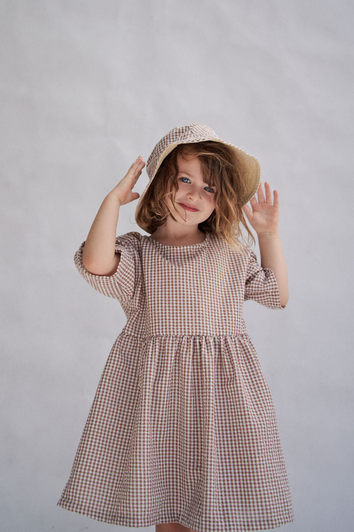 Ziggy Bucket Hat in Beige Coco Gingham, Kids Accessories, Children's Clothing, Little the Label